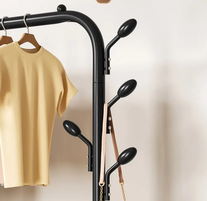 Metal Garment Rack on Wheels, Cloth Hanging Rail with 4 Side Hooks and Top Rod Coat Hanger Stand, Cloth Stand for Bedroom, Livingroom, Hallwa