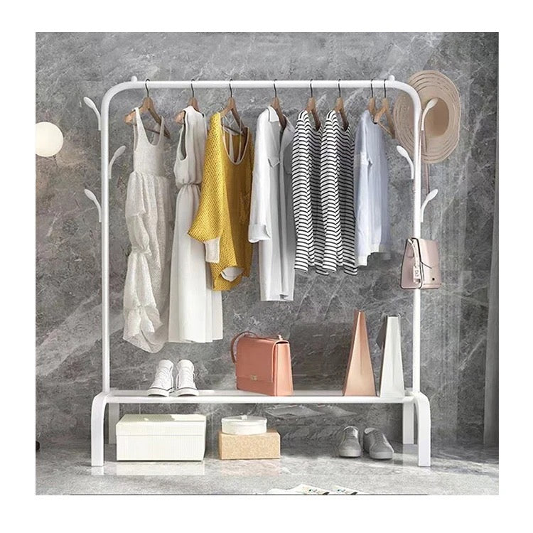 Premium High Density Metal Garment Rack with Top Rod and Lower Storage Shelf, Heavy Duty 8 Hooks Clothes Stand for Bedroom, Living Room and Entryway