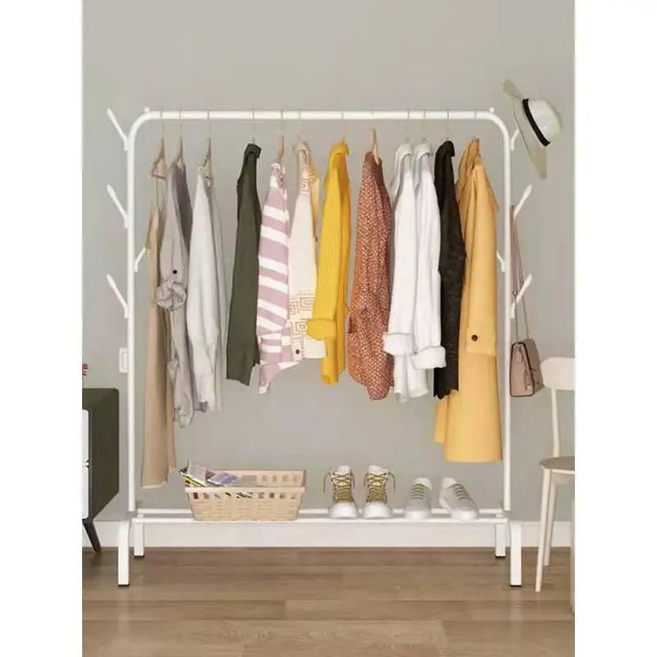 Premium High Density Metal Garment Rack with Top Rod and Lower Storage Shelf, Heavy Duty 8 Hooks Clothes Stand for Bedroom, Living Room and Entryway