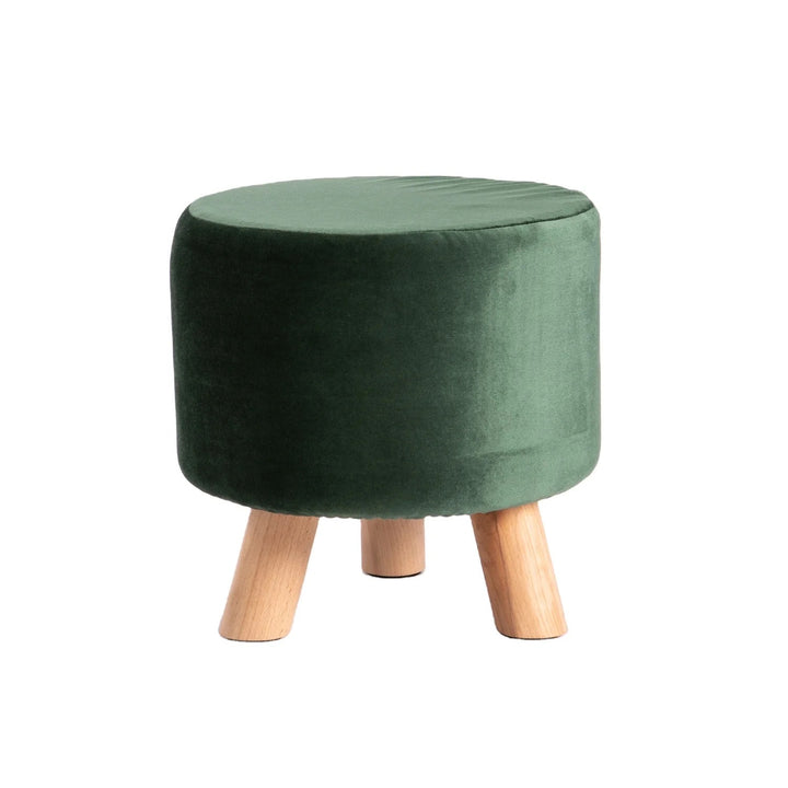 Platinum Wood Craft Velvet Foam Cushioned Ottoman Puffy Sitting Green Plain Stool with 4 Wooden Legs for Living Room ( 11 x 11 x 10 inches )