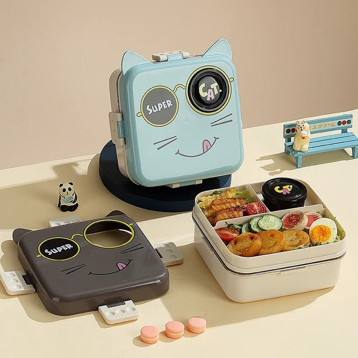 Cute 3D Cat Shaped Bento Lunch Box for School & Office with Cutlery | Leak-Proof BPA Free | Boys & Girls Lunch Box