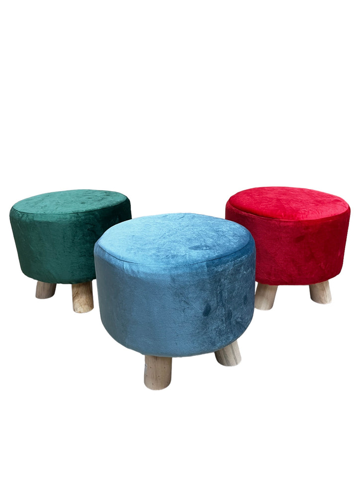 Platinum Wood Craft Velvet Foam Cushioned Ottoman Puffy Sitting Green Plain Stool with 4 Wooden Legs for Living Room ( 11 x 11 x 10 inches )