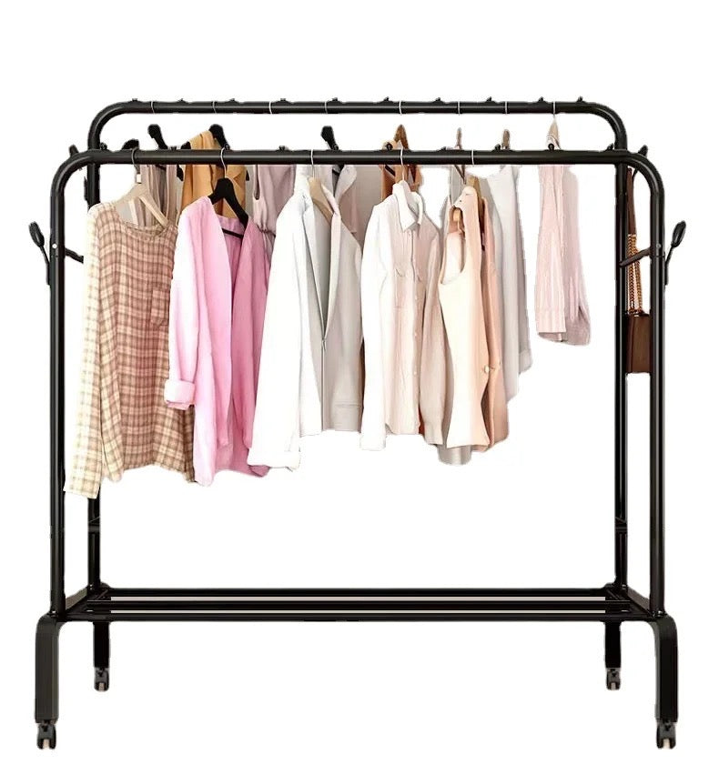 Metal Garment Rack on Wheels, Cloth Hanging Rail with 4 Side Hooks and Top Rod Coat Hanger Stand, Cloth Stand for Bedroom, Livingroom, Hallwa