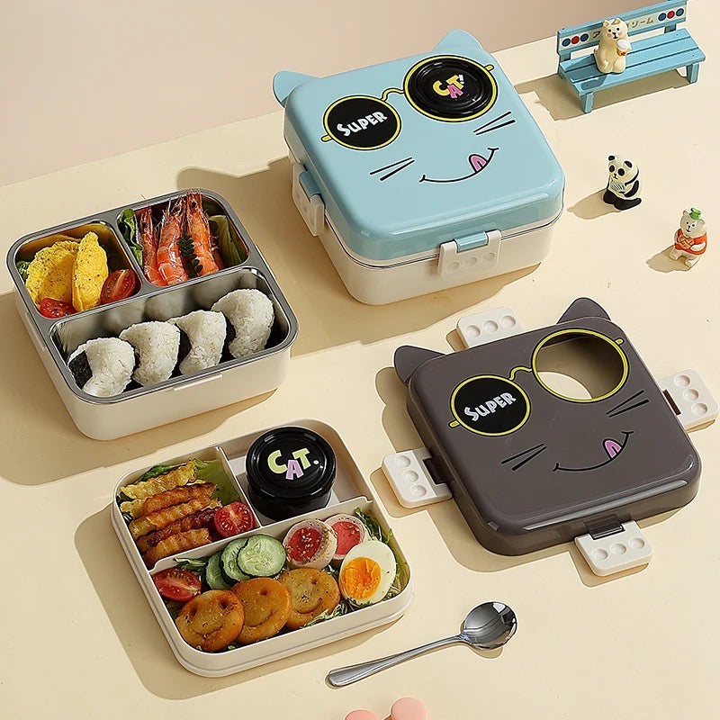 Cute 3D Cat Shaped Bento Lunch Box for School & Office with Cutlery | Leak-Proof BPA Free | Boys & Girls Lunch Box