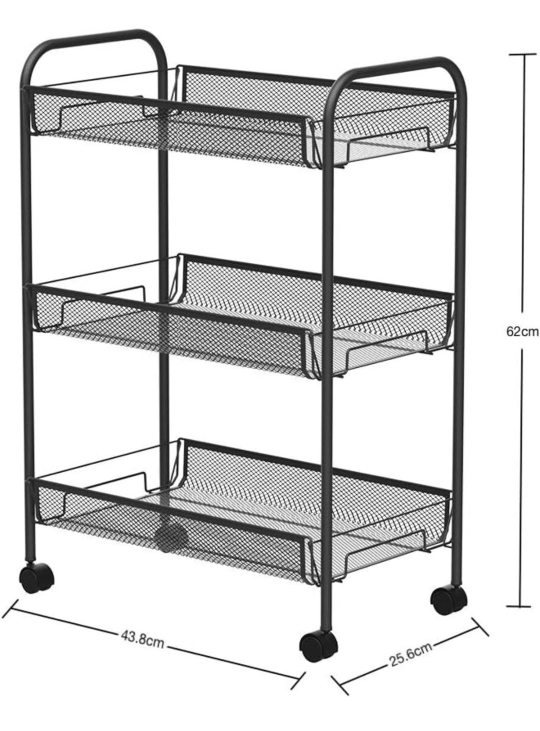 3-Tier Mesh Rolling Cart/Mesh Trolley - Household Utility Cart For Home & Kitchen, Living Room - File & Stationery Storage For Office, Study - Black