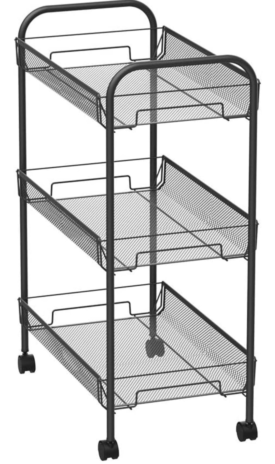 3-Tier Mesh Rolling Cart/Mesh Trolley - Household Utility Cart For Home & Kitchen, Living Room - File & Stationery Storage For Office, Study - Black